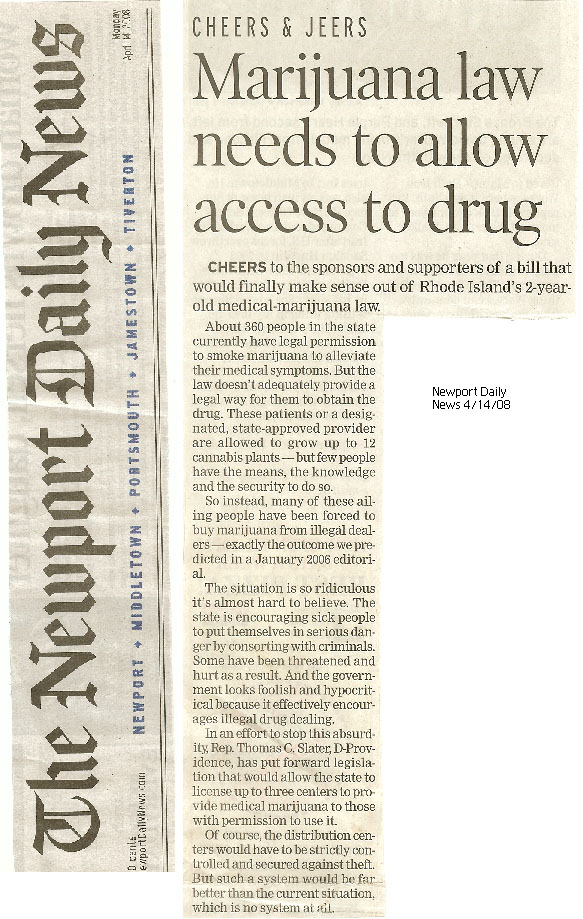 Newport Daily News 4/14/08 "Marijuana law needs to allow access to drug"